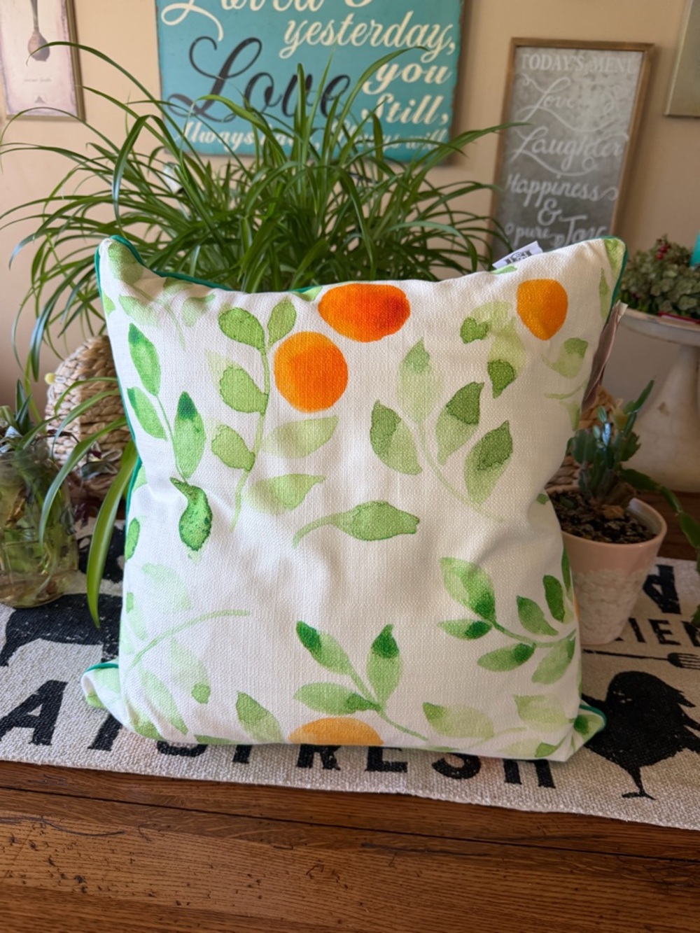 Botanical Orange & Green Accent Pillow - Watercolor Leaf Design